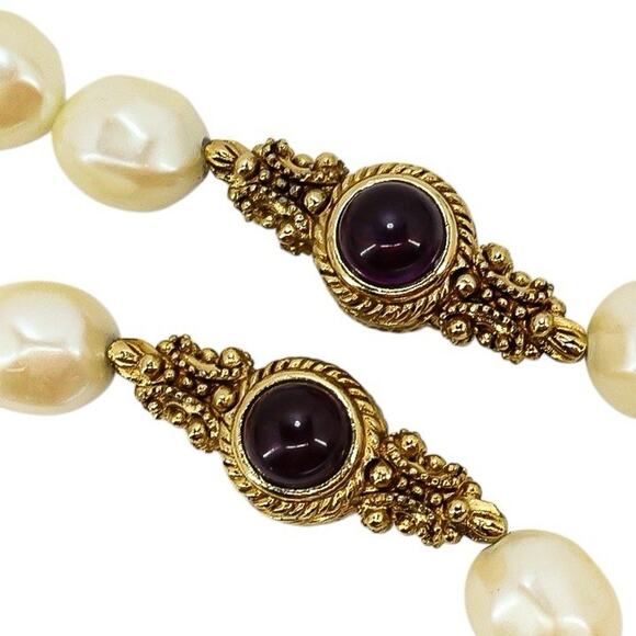Vintage Givenchy Faux Pearl Necklace W Gold Tone Etruscan Style Accent Beads - Picture 5 of 5